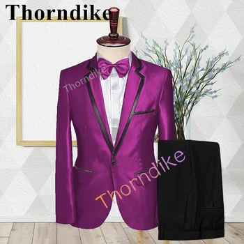 Thorndike Jaunu Haute Couture Vienu Krūtīm, Žakete Premium Satin Rose Red Vīriešu Kāzu Balli Puses Uzvalks Terno Masculino